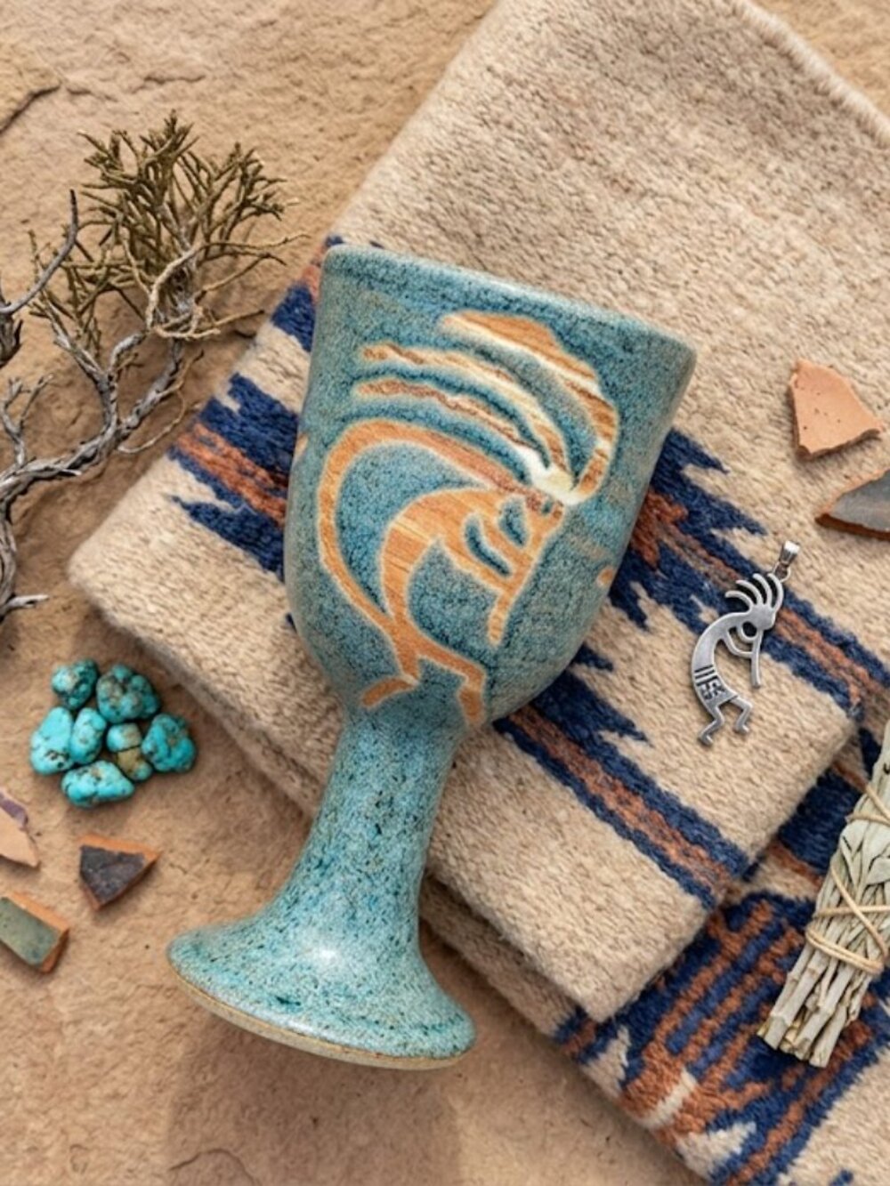 Vintage Kokopelli Studio Pottery Wine Goblet Signed Moki Blue Teal Glazed 2000
